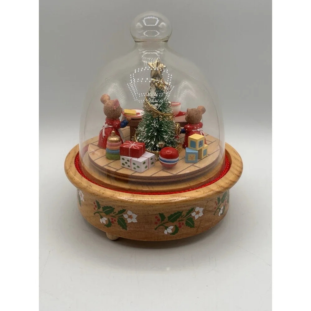 Vintage Enesco Christmas Mice‎ Cheese Cloche Musical Animated 1990 Music Box